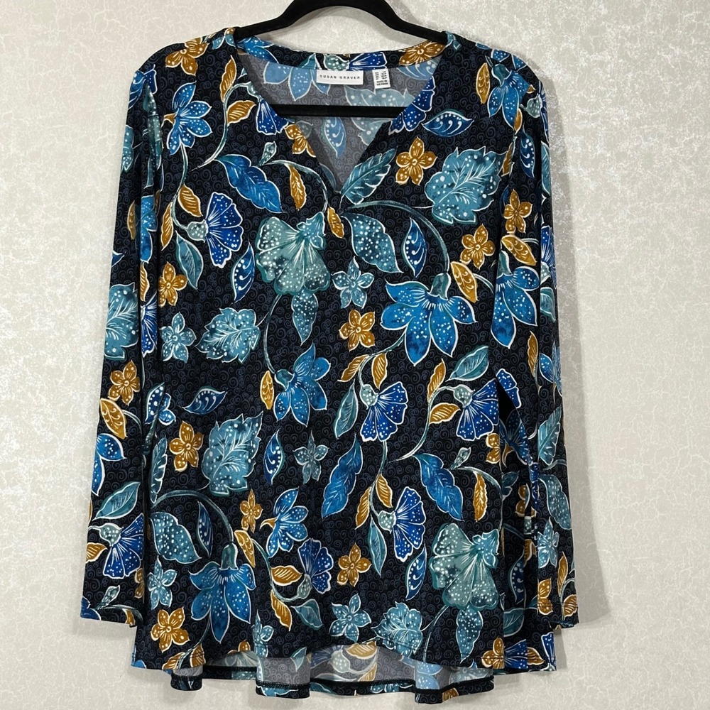 Susan Graver Liquid Knit Floral Batik Print Split Neck Tunic Top Blue Gold LP
